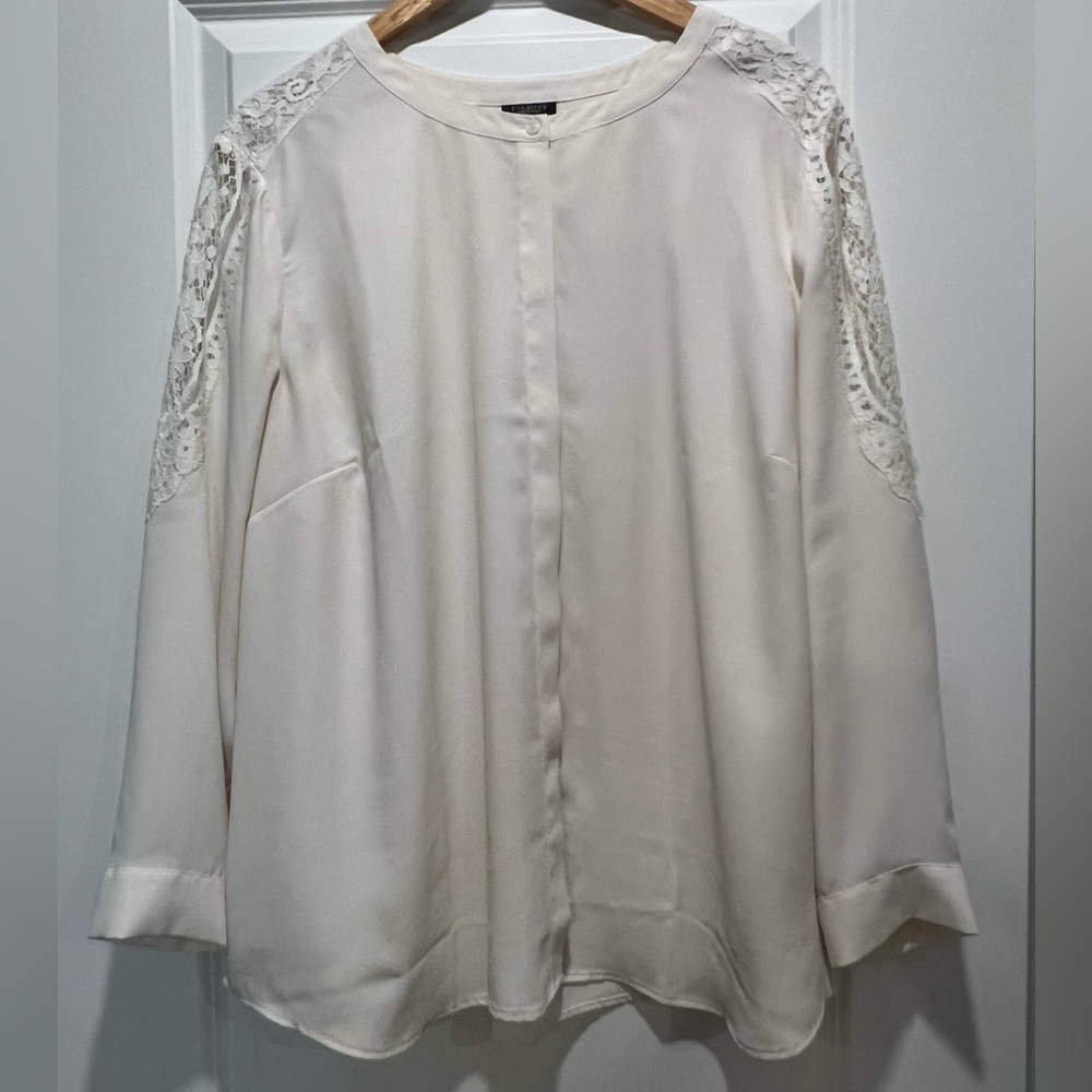 Talbots Ivory Lace Shoulder Hidden Button Front Long Sleeve Top 2Xp